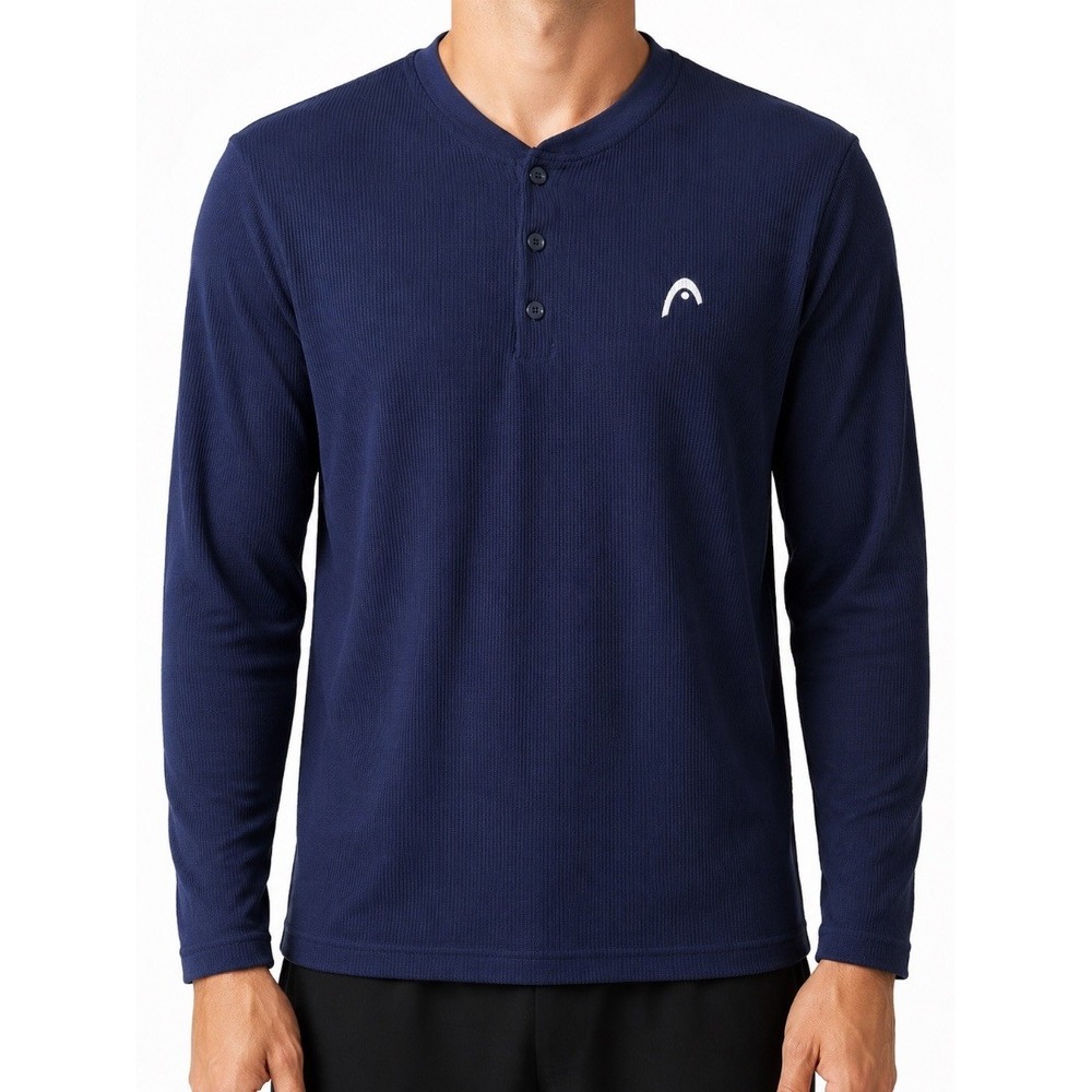 HEAD Mens Navy Blue Ribbed Henley Long Sleeve Shirt Top Large